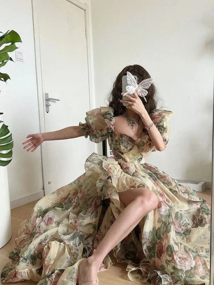 Floral Puff Sleeve Evening Dress