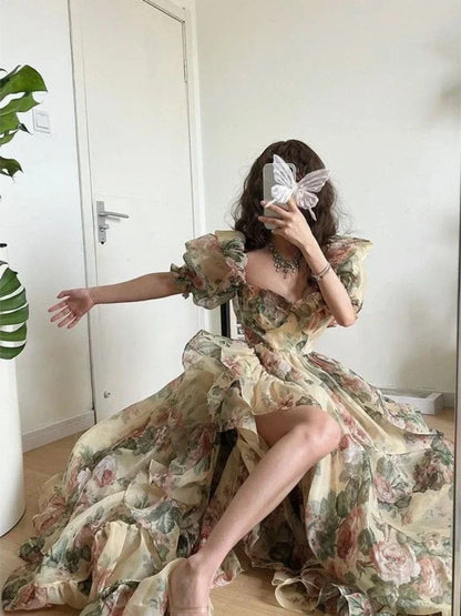 Floral Puff Sleeve Evening Dress