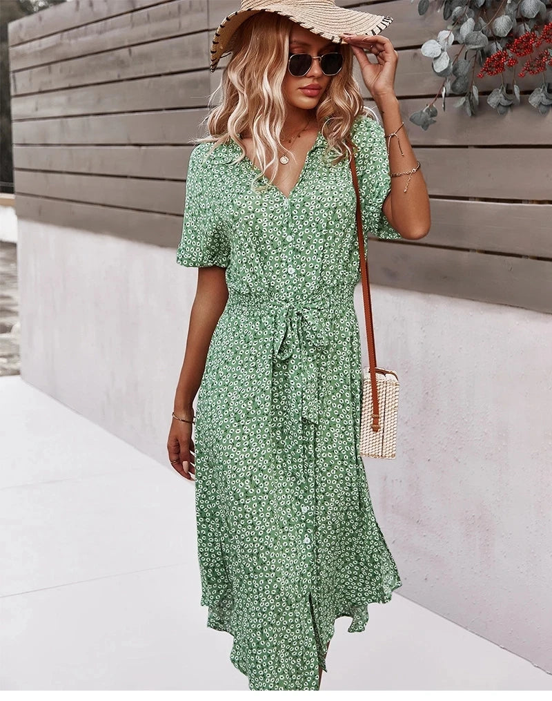 Floral Print V-Neck Midi Dress