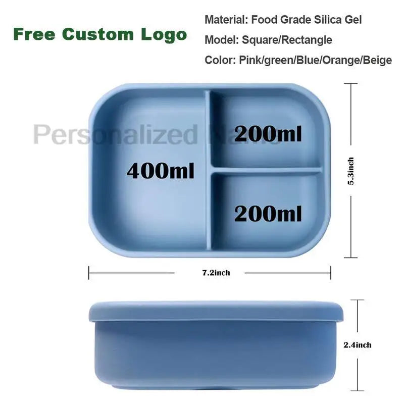Personalized Name Lunch Box 3 Compartment Silicone Bento Box Portable Leak Proof Microwave Oven Lunch Box Picnic Food Container