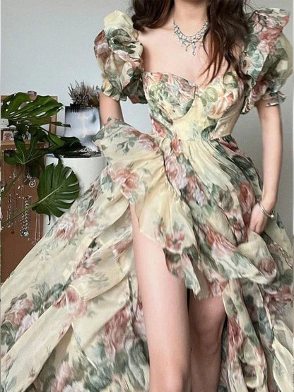 Floral Puff Sleeve Evening Dress