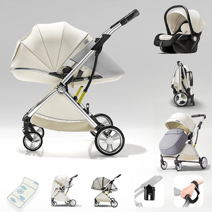 Luxurious Baby Stroller 3 in 1 Egg-shaped Seat for Newborn One Hand Recline Pushchair Pram Compact Size
