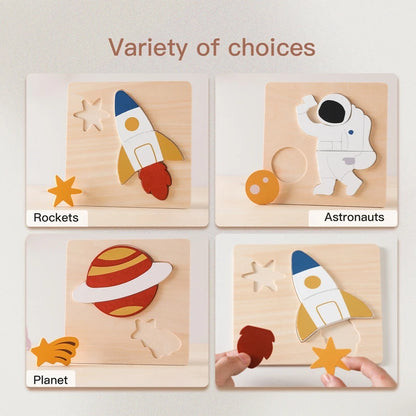 Wooden Puzzle Montessori Toys Baby Cartoon Astronaut Tangram Shapes Puzzle Learning Education Toys Kid Intelligence Jigsaw Gifts