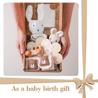 Baby Cotton Blanket Bath Stuff Towel Brush Set Gifts Box Wooden Crochet Bunny Rattle Brushs Bracelet Towel For Baby Shower Gift