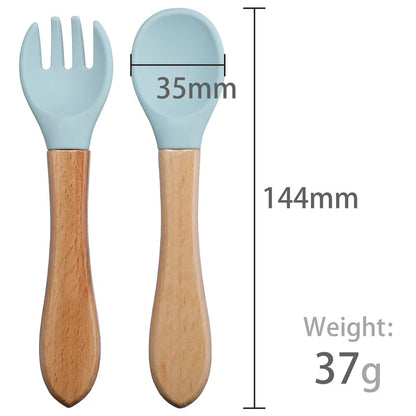 2Pcs Food Grade Silicone Spoon and Fork Set Baby Feeding Training with Wooden Handle Toddlers Infant Eat Independently Acce