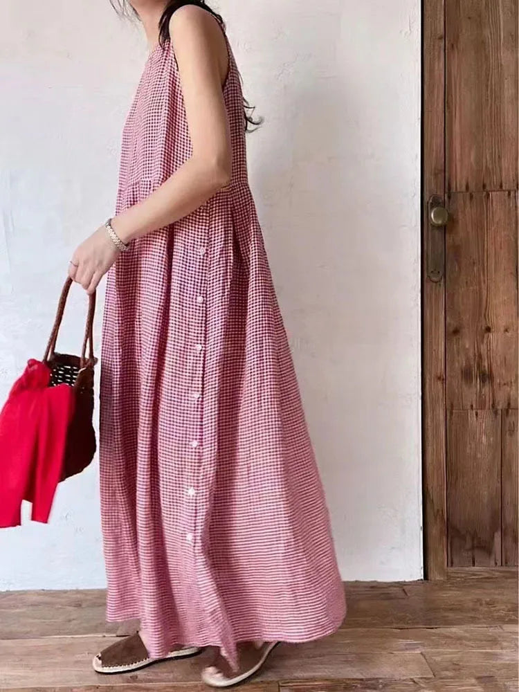 [EWQ] Elegant Female's Holiday Dresses For Formal Occasions Strap Plaid Sleeveless Long Dress Women 2024 Spring Summer 16U8904