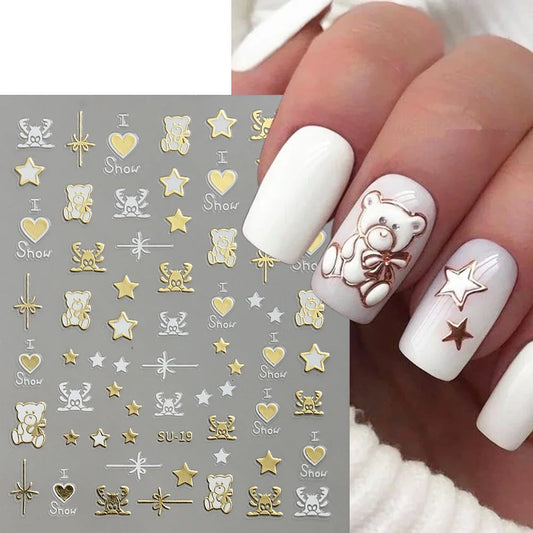 3D Golden Christmas Nail Stickers Metallic Silver Deer Bear Snowflakes Star Nail Decals New Year Decoration 2024 Slider LEBSU-19