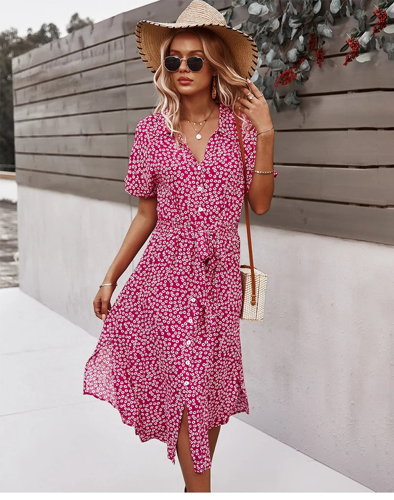 Floral Print V-Neck Midi Dress