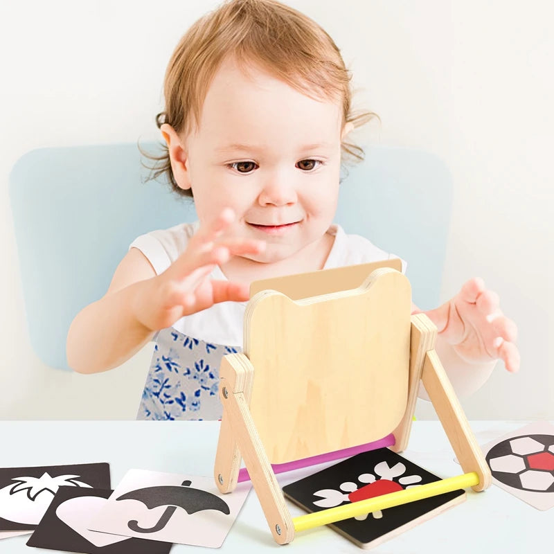 Montessori Baby Visual Stimulation Wooden Mirror Toys Black and White Flash Cards High Contrast Visual Stimulation Learning Toys