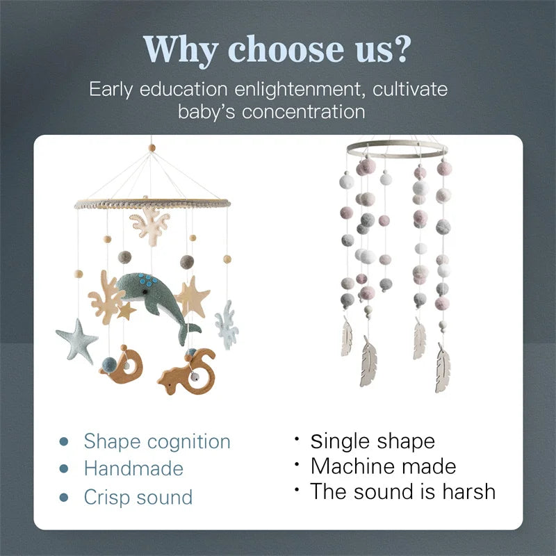 Wooden Baby Rattles Soft Felt Cartoon Ocean Whales Scallop Cloud Hanging Pendant Bed Bell Mobile Crib Hanging Bracket Toys Gifts