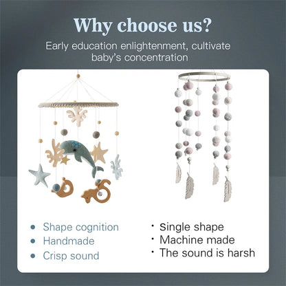 Wooden Baby Rattles Soft Felt Cartoon Ocean Whales Scallop Cloud Hanging Pendant Bed Bell Mobile Crib Hanging Bracket Toys Gifts