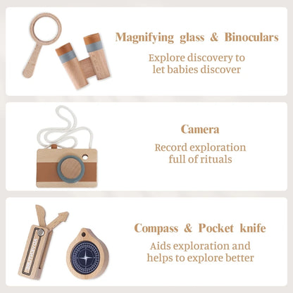 5pcs Outdoor Montessori Adventure Set Wooden Telescope Compass Toy  For Children Wooden DIY Presents Nursing Gifts Outdoor Toys