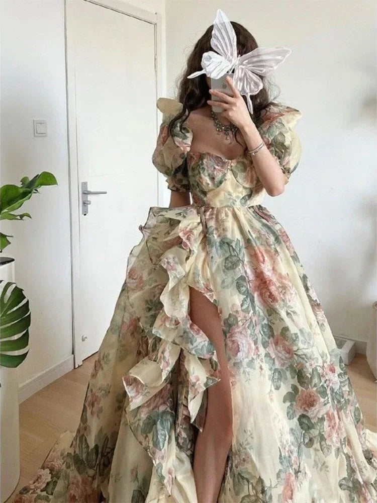 Floral Puff Sleeve Evening Dress