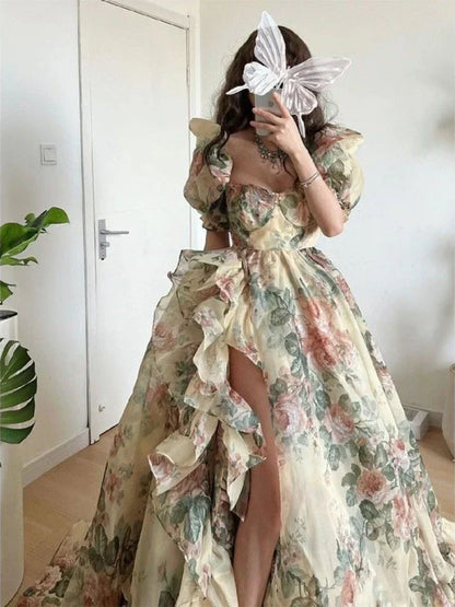 Floral Puff Sleeve Evening Dress