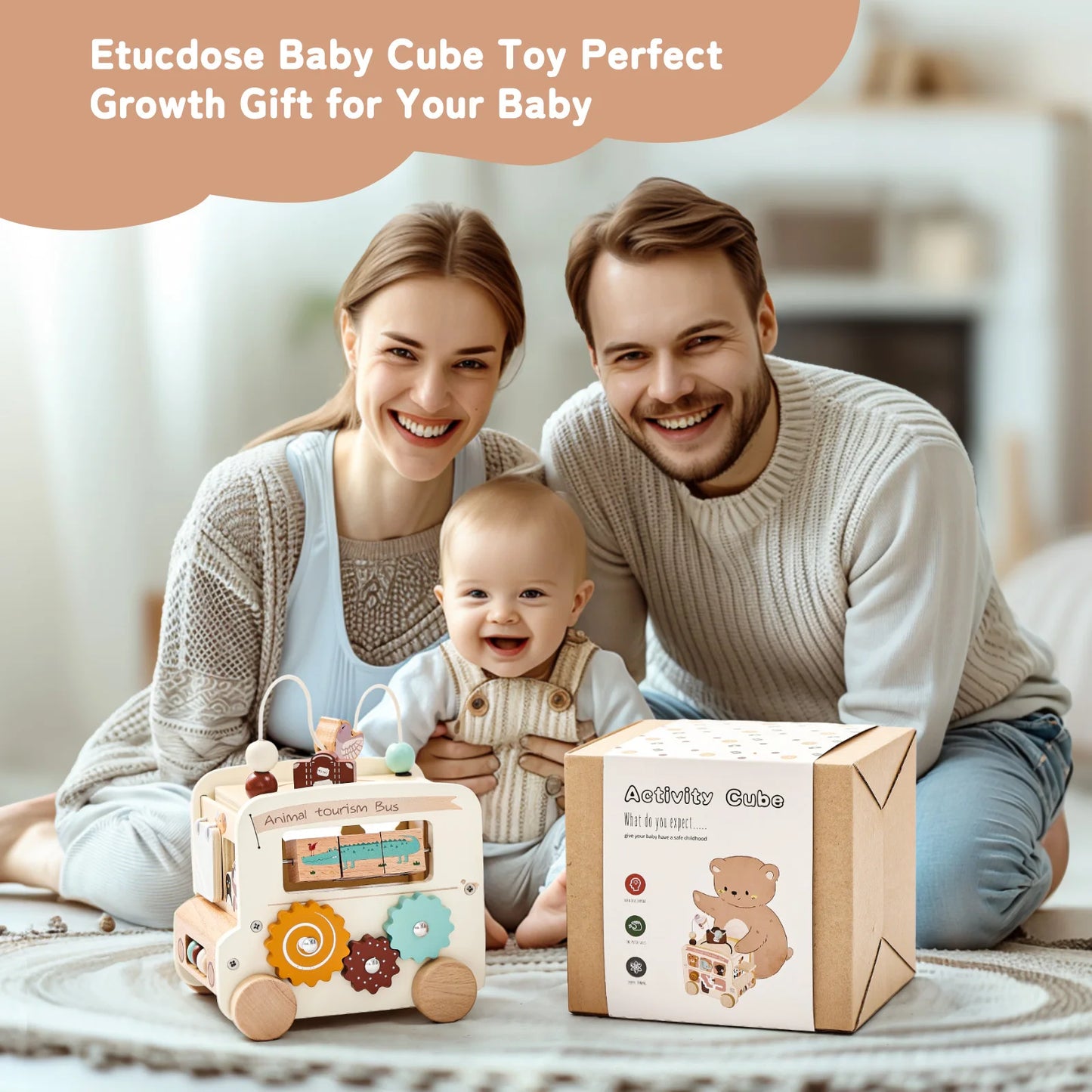 Baby Wooden Montessori Toy 0-12Months Baby Car Toy Polyhedron Busy Bus Toy Kids Early Education Hand Brain Sense Organ Toys Gift
