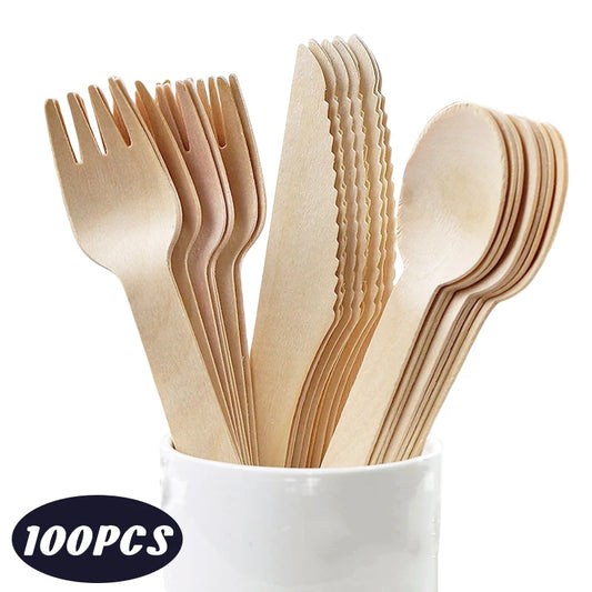 100pcs Wooden Knife Fork Spoons Disposable Tableware Sets Kitchen Utensil for Cakes Desserts Wedding Birthday Party Supplies