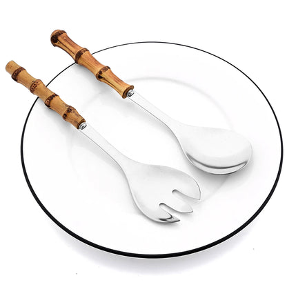 2/4Pcs Long Handle Serving Spoon Fork Bamboo Wooden Handle Salad Spork Kitchen Stainless Steel Tableware Cutlery Silverware Set
