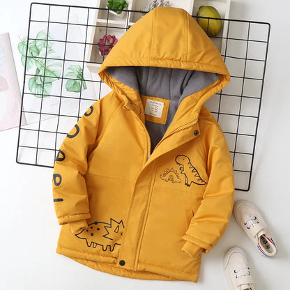 IYEAL Children's Coat Cartoon Dinosaurs Kids Clothes Cotton Padded Warm Velvet Windproof Hooded Jacket Boys Thickened Outwear