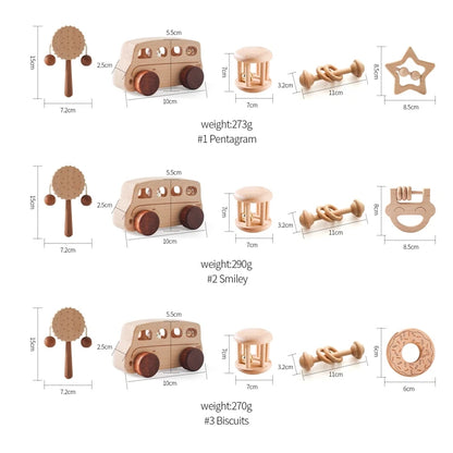 Baby Wooden Rattle Toys Beech Blocks Cartoon Car Rattle Toy Kid Hand Bell Educational Montessori Teething Play Gym Baby Toy Gift