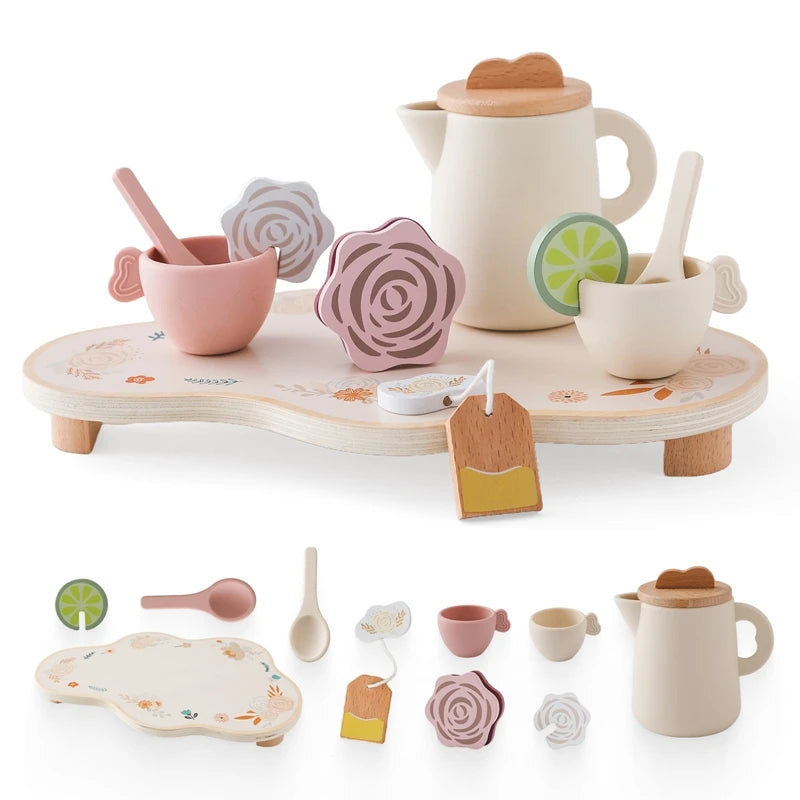 Wooden Afternoon Tea Set Rattle Toy Cosplay Food Pretend Play Toys Simulation Kitchen Play Game Baby Early Educational Toys Gift