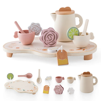 Wooden Afternoon Tea Set Rattle Toy Cosplay Food Pretend Play Toys Simulation Kitchen Play Game Baby Early Educational Toys Gift
