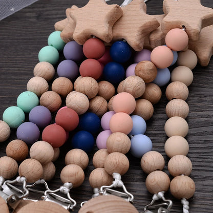 Baby Silicone Teether Pacifier Chain Bracelets Set Round Wooden Dummy Holder Clip For Baby Teething Nipple Chain Nursing Toys