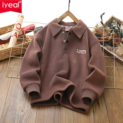 IYEAL 4-14 Years Children Autumn Winter Plus Velvet Pullover Tops Kid Boys Girls Polar Fleece Turndown Collar Sweatshirts