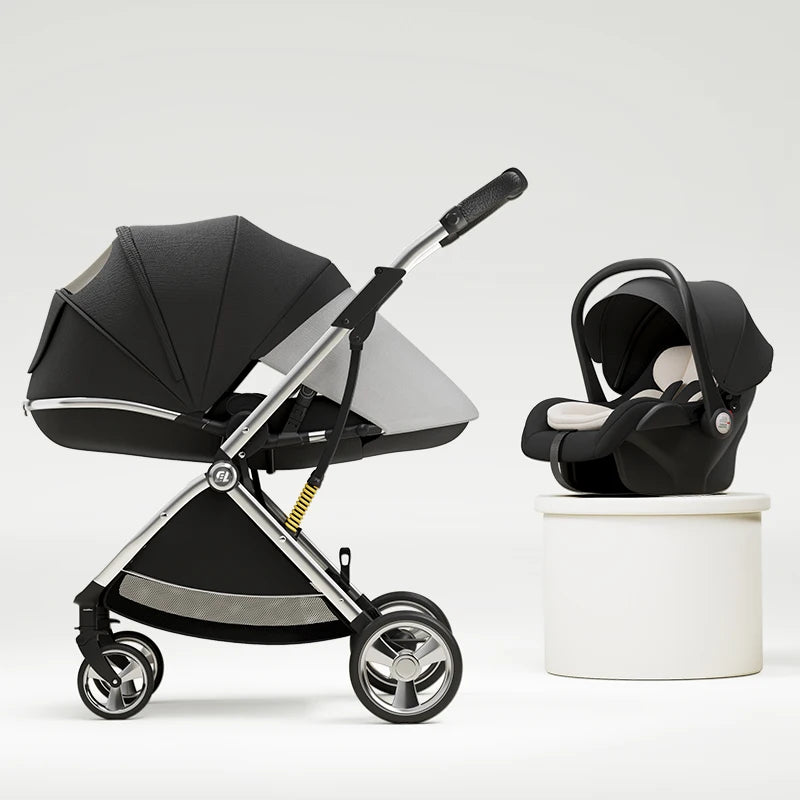 Luxurious Baby Stroller 3 in 1 Egg-shaped Seat for Newborn One Hand Recline Pushchair Pram Compact Size