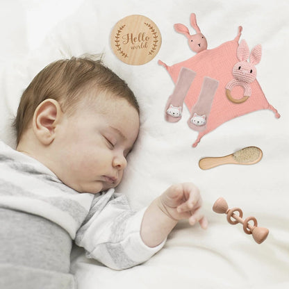 Baby Cotton Blanket Newborn Bath Set Gifts Box Wooden Ring Crochet Rabbit Rattle Brushs Bracelet Towel For Baby Shower Gift