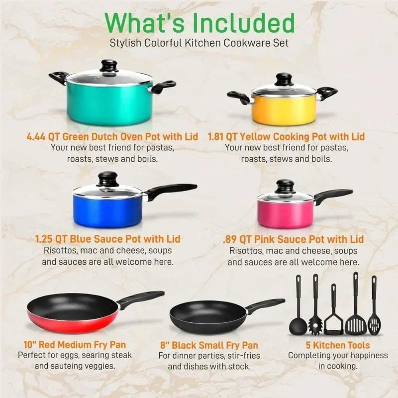 15-Piece Nonstick Kitchen Cookware Set Colorful Heat Resistant Lacquer w/Saucepot, Frying Pans , Oven Pot, Lids, 5 Utensil
