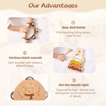 Kids Musical Instrument Toys Montessori Baby Wooden Cartoon Bear Percussion Toy Game Interactive Music Educational Toy Baby Gift