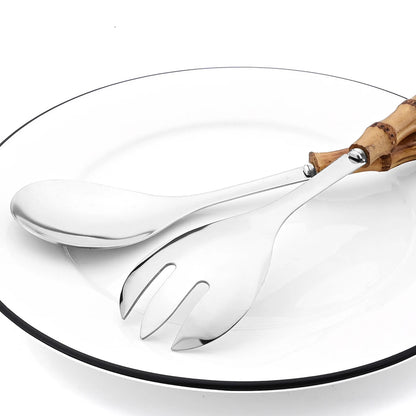 2/4Pcs Long Handle Serving Spoon Fork Bamboo Wooden Handle Salad Spork Kitchen Stainless Steel Tableware Cutlery Silverware Set