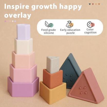 1Set Silicone Stacking Toys Building Block BPA Free Baby Silicone Teether Soft Block Folding Educational Game Toys