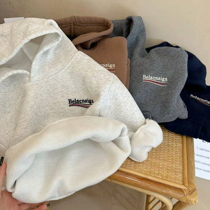 IYEAL  Winter Children Warm Fleece Hooded Set Boys and Girls' Letter Hooded Sweatshirt+Warm Pants Two Piece Set