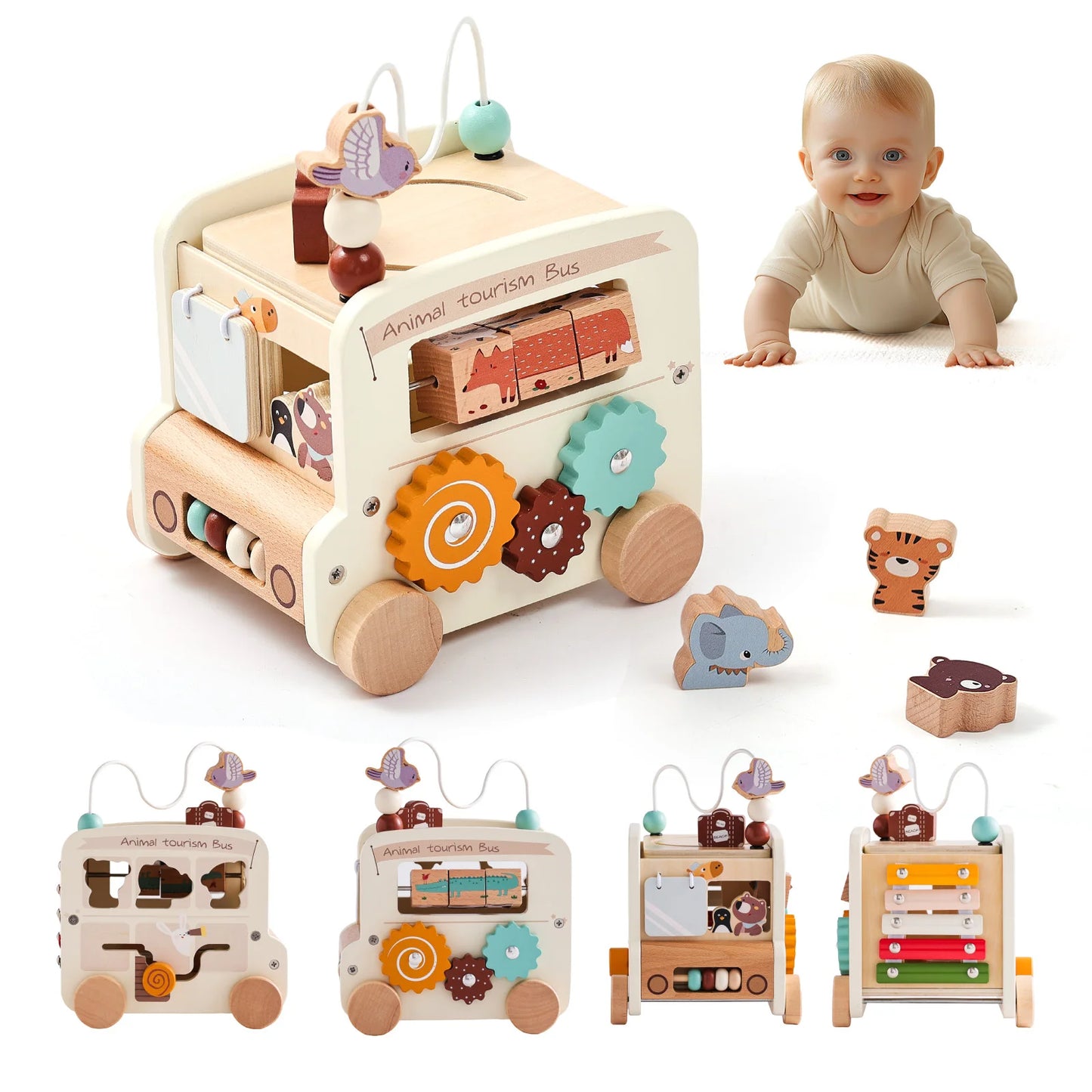 Baby Wooden Montessori Toy 0-12Months Baby Car Toy Polyhedron Busy Bus Toy Kids Early Education Hand Brain Sense Organ Toys Gift