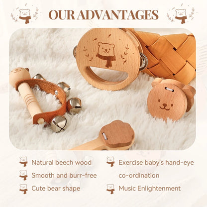 Wooden Baby Montessori Rattle Toy Animal Bear Shape Hand Bell Toy BPA Free Rodent Teething Necklace Food Grade Baby Chewable Toy