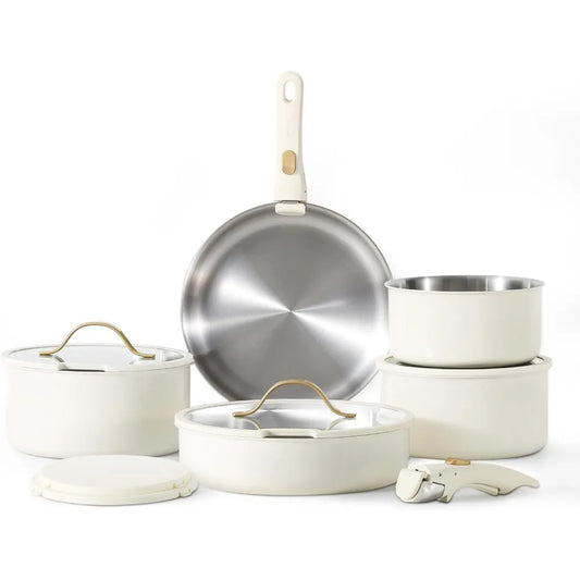 12pcs Pots and Pans Set, Stainless Steel Cookware Set Detachable Handle, Induction Kitchen Cookware Sets with Removable Handle