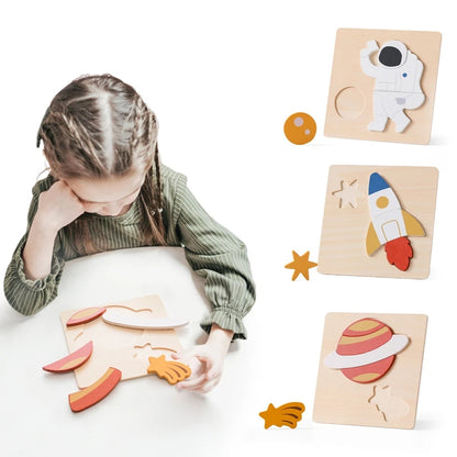 Wooden Puzzle Montessori Toys Baby Cartoon Astronaut Tangram Shapes Puzzle Learning Education Toys Kid Intelligence Jigsaw Gifts