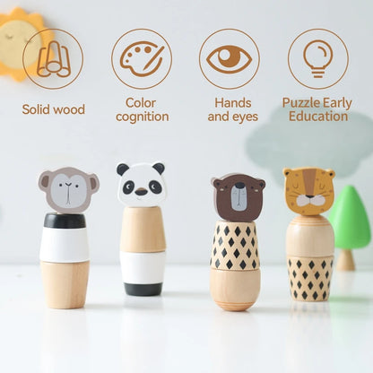 Wooden Montessori Toys Creative Cartoon Animal Bear Shaped Knob Screw Rattles Block Toys Kid Early Educational Puzzle Toys Gifts