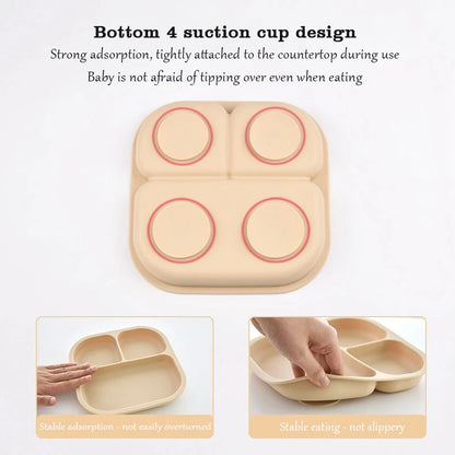 Food Grade Silicone Dining Plate Children 3-Grids Dishes Eating Training Tableware Feeding Tray With Sucker Anti-Drop Baby Stuff