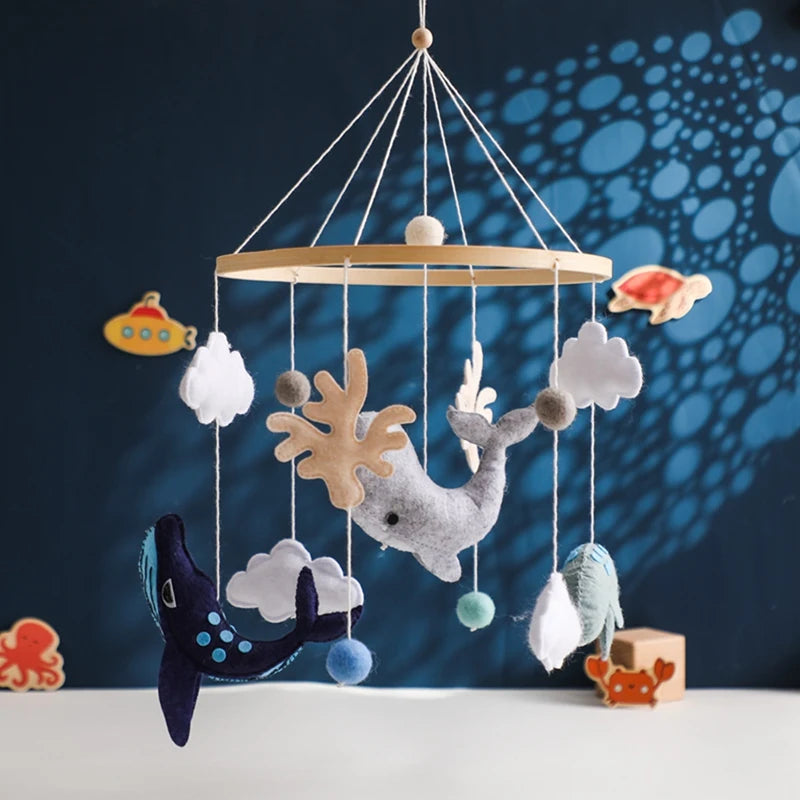 Wooden Baby Mobile Crib Bed Bell Cartoon Sea Animal Cloud Seashell Crib Hanging Toys Montessori Educational Cognitive Puzzle Toy