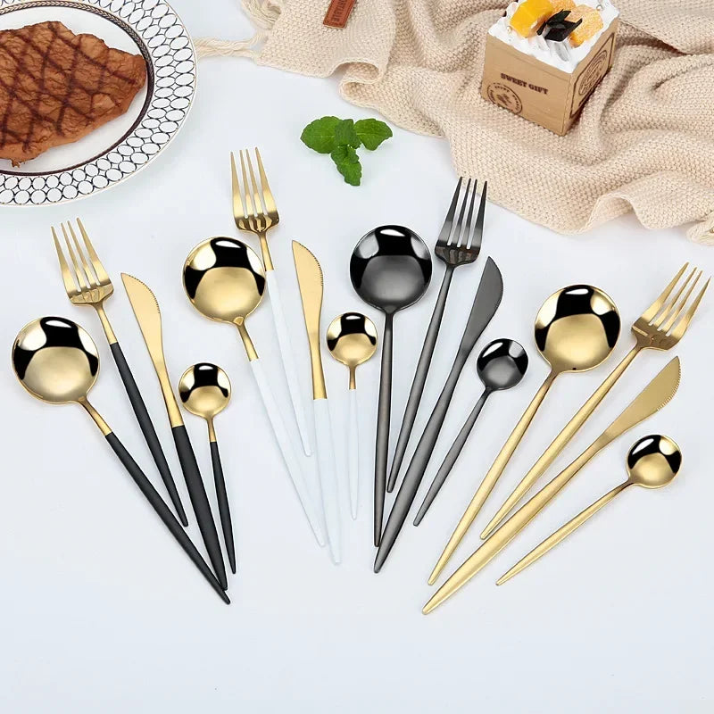 24Pcs Stainless Steel Dinnerware Set Black Gold Cutlery Spoon Fork Knife Western Cutleri Silverware tableware Set Supplies