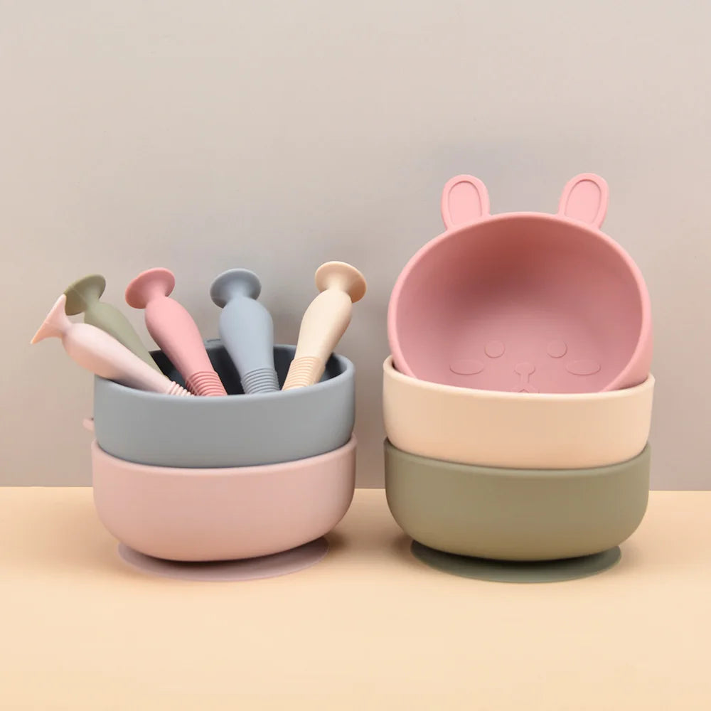 BPA Free Silicone Dishes for Baby 2Pcs/1Set Silicone Baby Feeding Bowl Tableware Waterproof Spoon Non-Slip Crockery Bowl