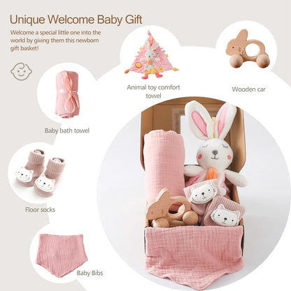 1set Baby Towel Bath Gift Box Set Double Sided Cotton Blanket Comfort Scarf Set Newborn Rabbit Rattle Toy Baby Birth Stuff Gifts
