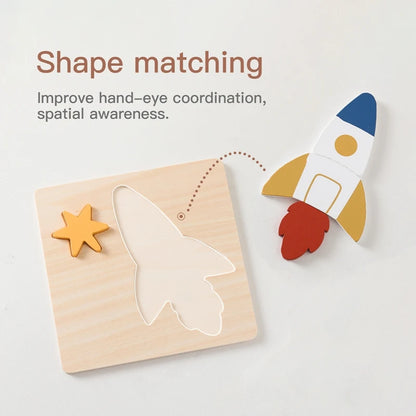 Wooden Puzzle Montessori Toys Baby Cartoon Astronaut Tangram Shapes Puzzle Learning Education Toys Kid Intelligence Jigsaw Gifts