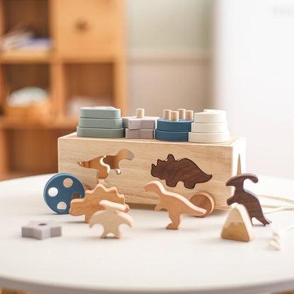 Kids Wooden Dinosaur Intelligence Car Toys Baby Stacking Multifunctional Shape Cognitive Toy Baby Montessori Education Toys Gift