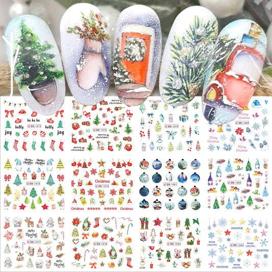 12pcs Christmas Crystal Ball Nail Sticker Winter Cartoon Nail Decal Letter Pine Leaf Snowflake Slider Decoration Watermarks JIBN