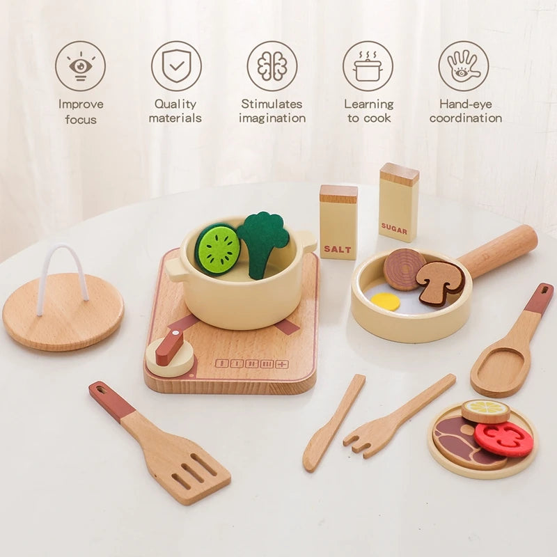Baby Montessori Wooden Toy Kitchen Pretend Play House Toy Simulation Cooking Utensils Tool Kids Early Education Learning Toys