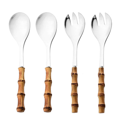 2/4Pcs Long Handle Serving Spoon Fork Bamboo Wooden Handle Salad Spork Kitchen Stainless Steel Tableware Cutlery Silverware Set