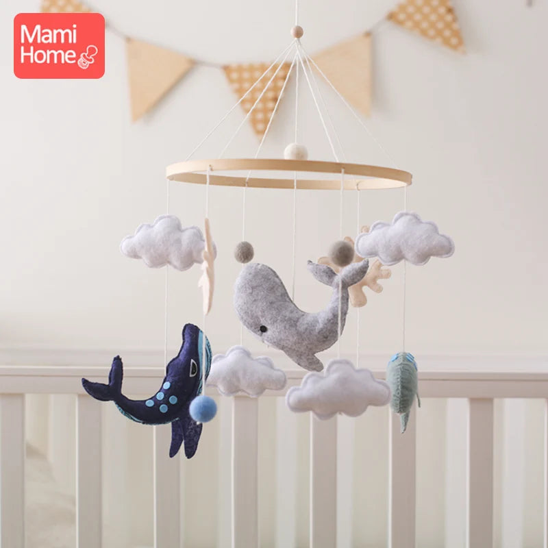 Wooden Baby Mobile Crib Bed Bell Cartoon Sea Animal Cloud Seashell Crib Hanging Toys Montessori Educational Cognitive Puzzle Toy